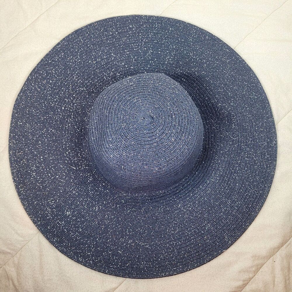Adrienne Vittadini Wide Brim Floppy Hat Navy Silver Beach Pool Travel Vacation - Picture 2 of 6